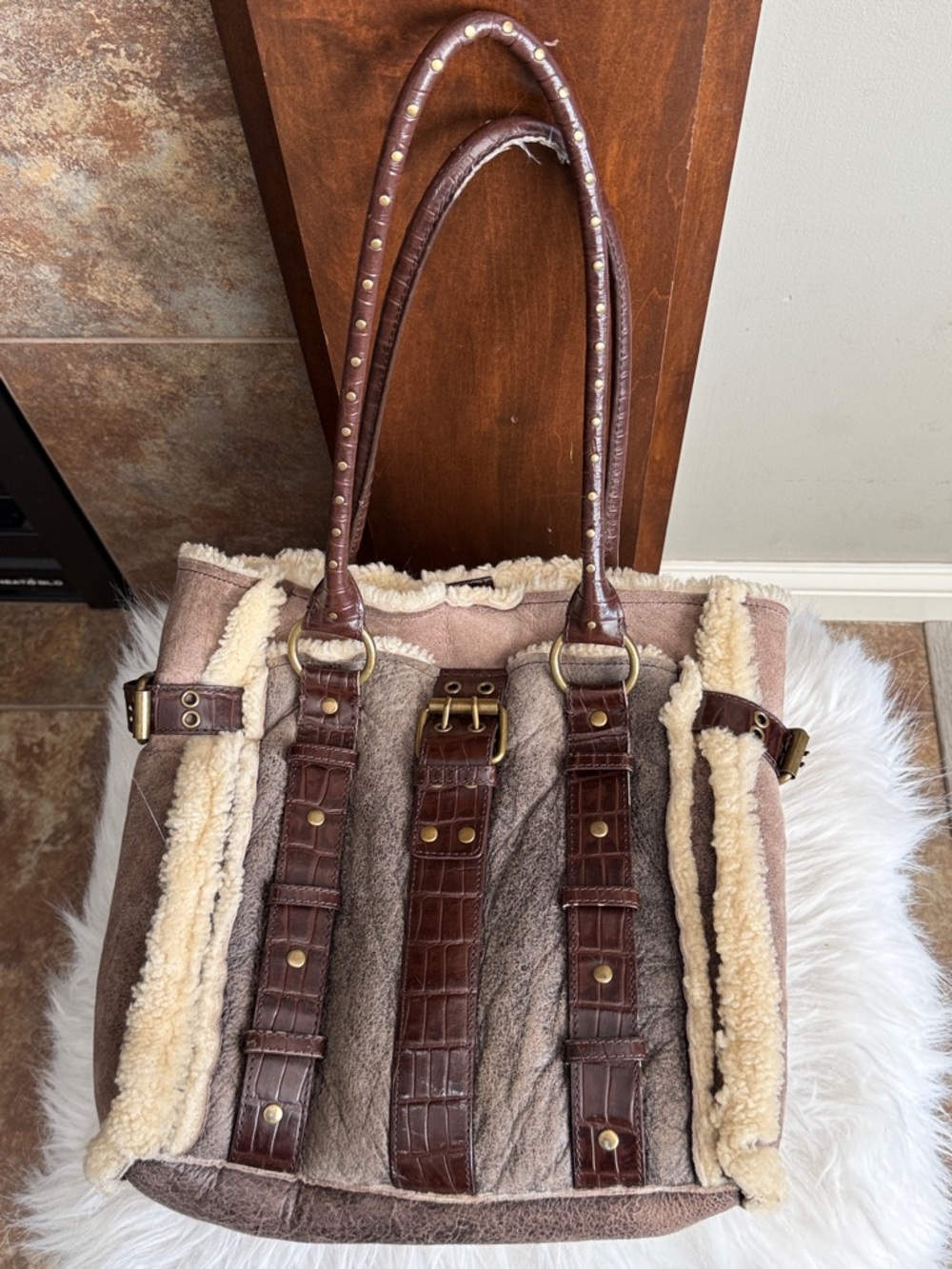 BCBG Maxazria Shearling-Lined large shoulder bag purse Y2K western boho rugged
